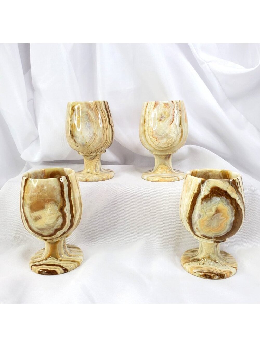 4 Polished Natural Hand Carved Marble Onyx Stone Cup Goblets 4" Tall